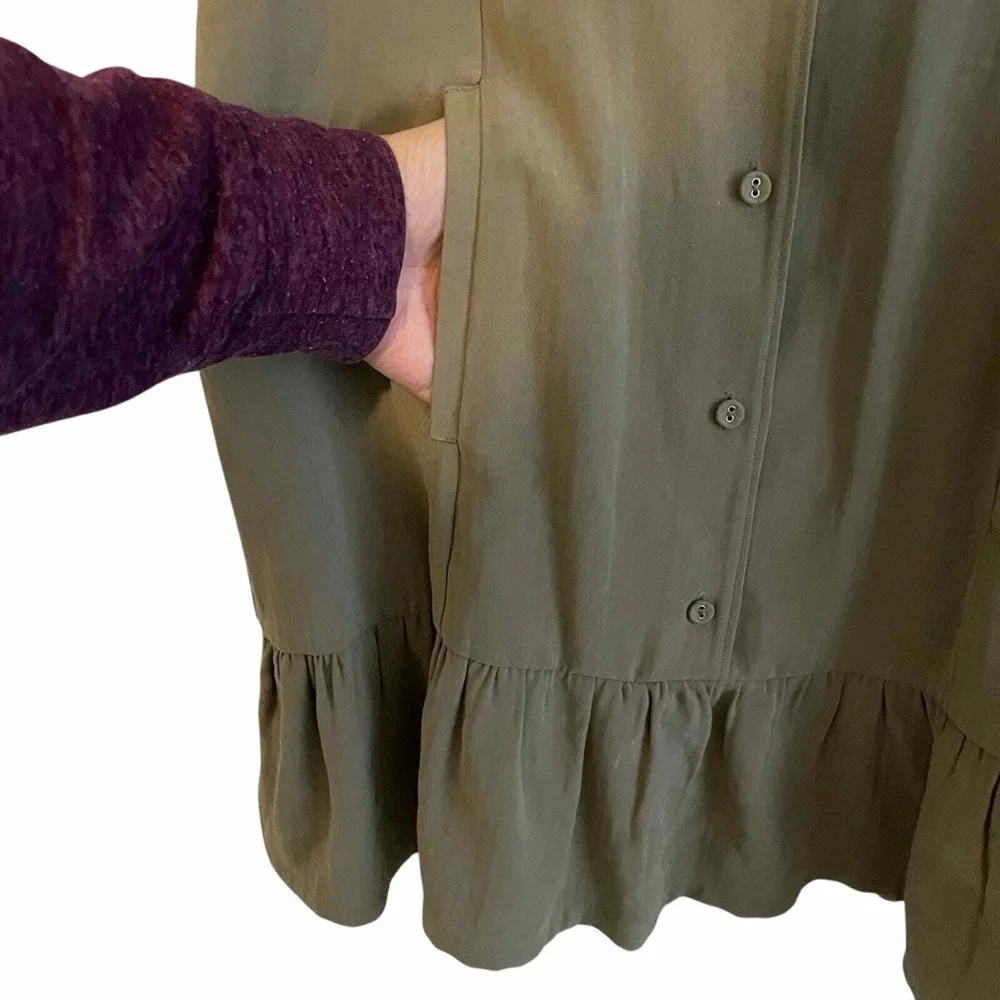 PAIGE Olive Green Ruffle Hem Earthy collared Dress Utility Minimalist Large - Picture 6 of 10